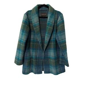Rachel Zoe Open Front Wool Blend Green Plaid‎ Jacket SZ L